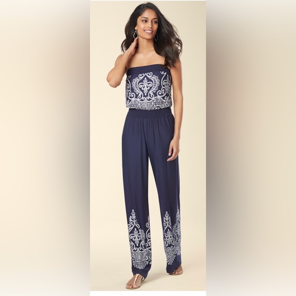 In Bloom Pants - In Bloom Blue & White Wide Leg Jumpsuit w/ Smocked Waistband Size M